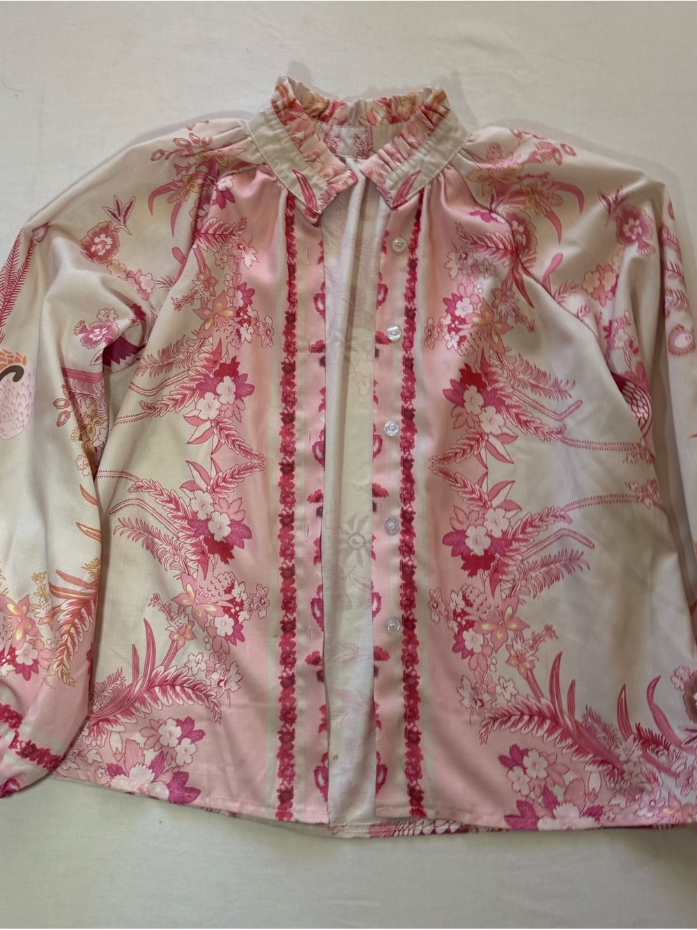 Floral Pink Ruffle Collar Women's Button-Front Jacket